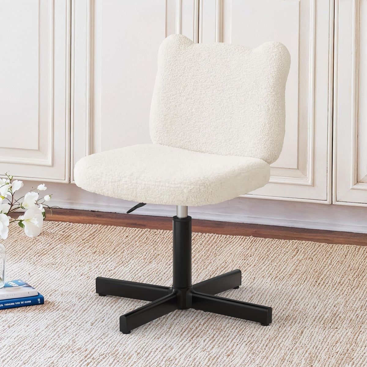 Adjustable Vanity Stool Chair with Girly Bear Ear Wide Back, 360° Swivel Vanity Stool for Makeup Room, Upholstered Teddy Velvet Ottoman for Teen Girls, 350lbs, Beige